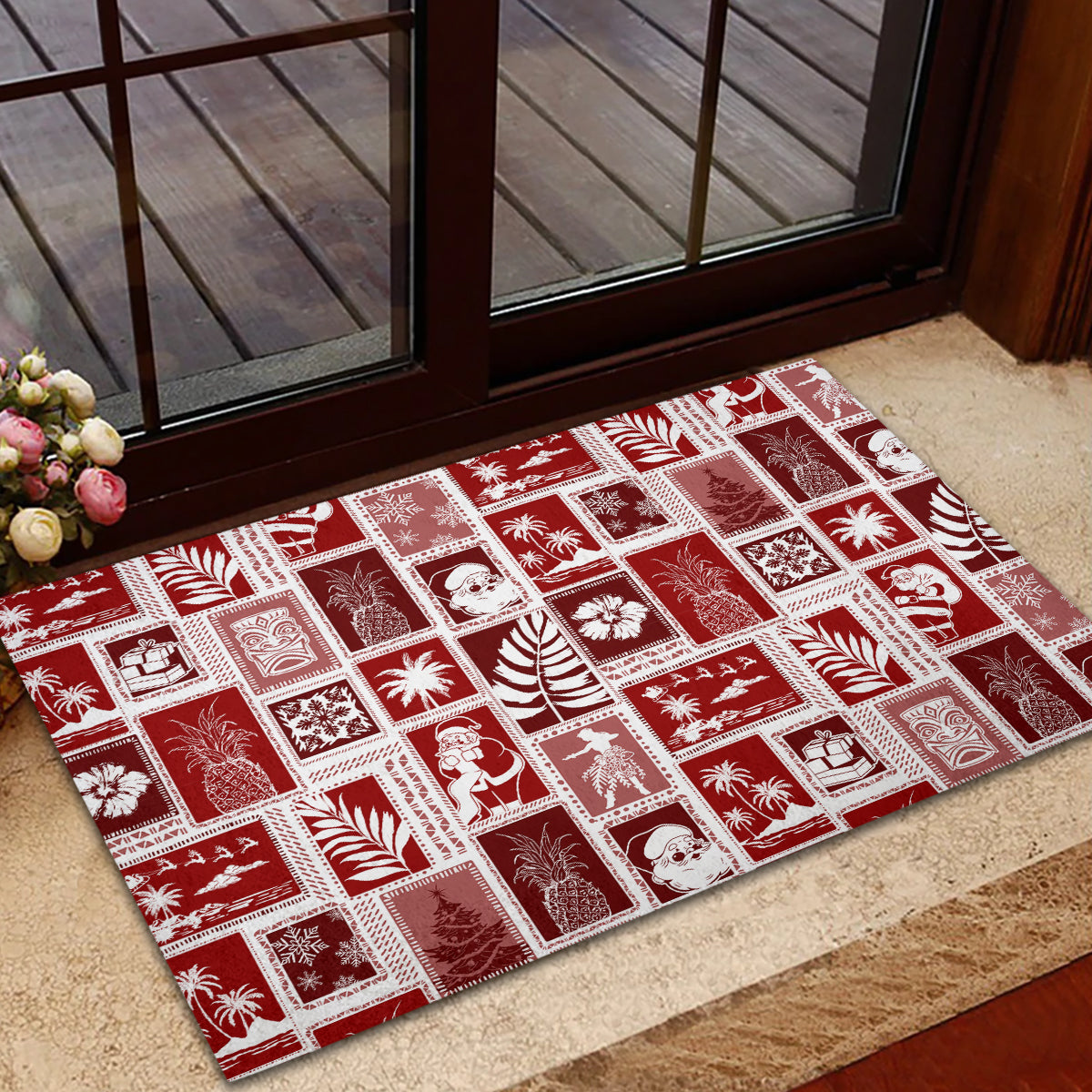 Hawaii Christmas Retro Patchwork Rubber Doormat Red - Wonder Print Shop