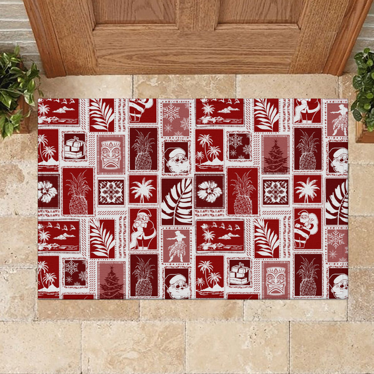 Hawaii Christmas Retro Patchwork Rubber Doormat Red - Wonder Print Shop