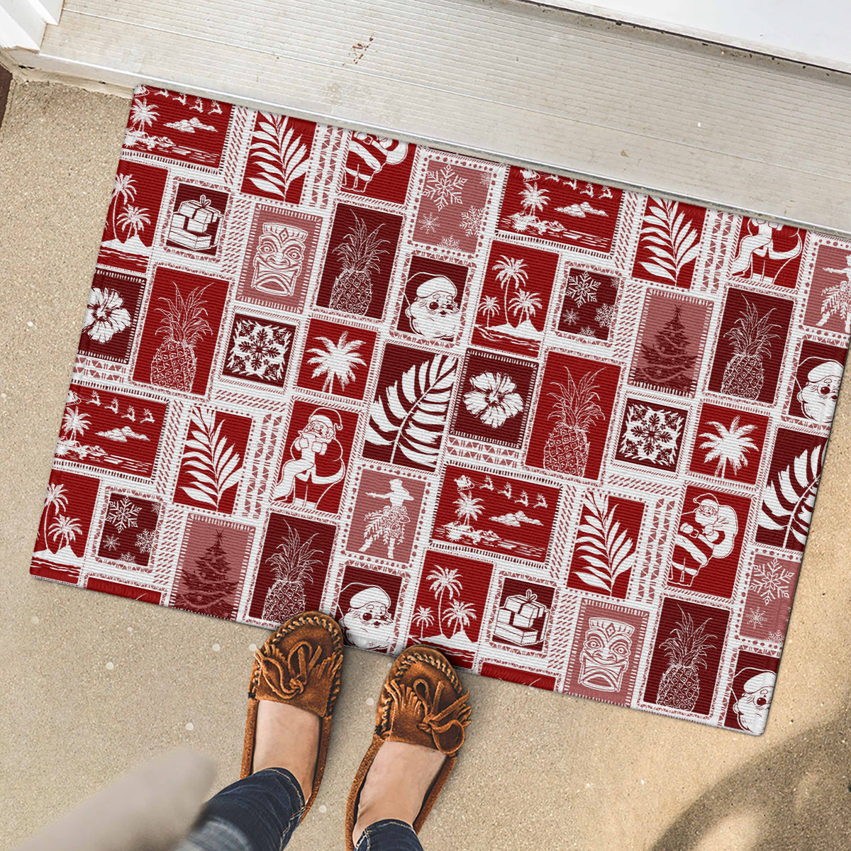 Hawaii Christmas Retro Patchwork Rubber Doormat Red - Wonder Print Shop