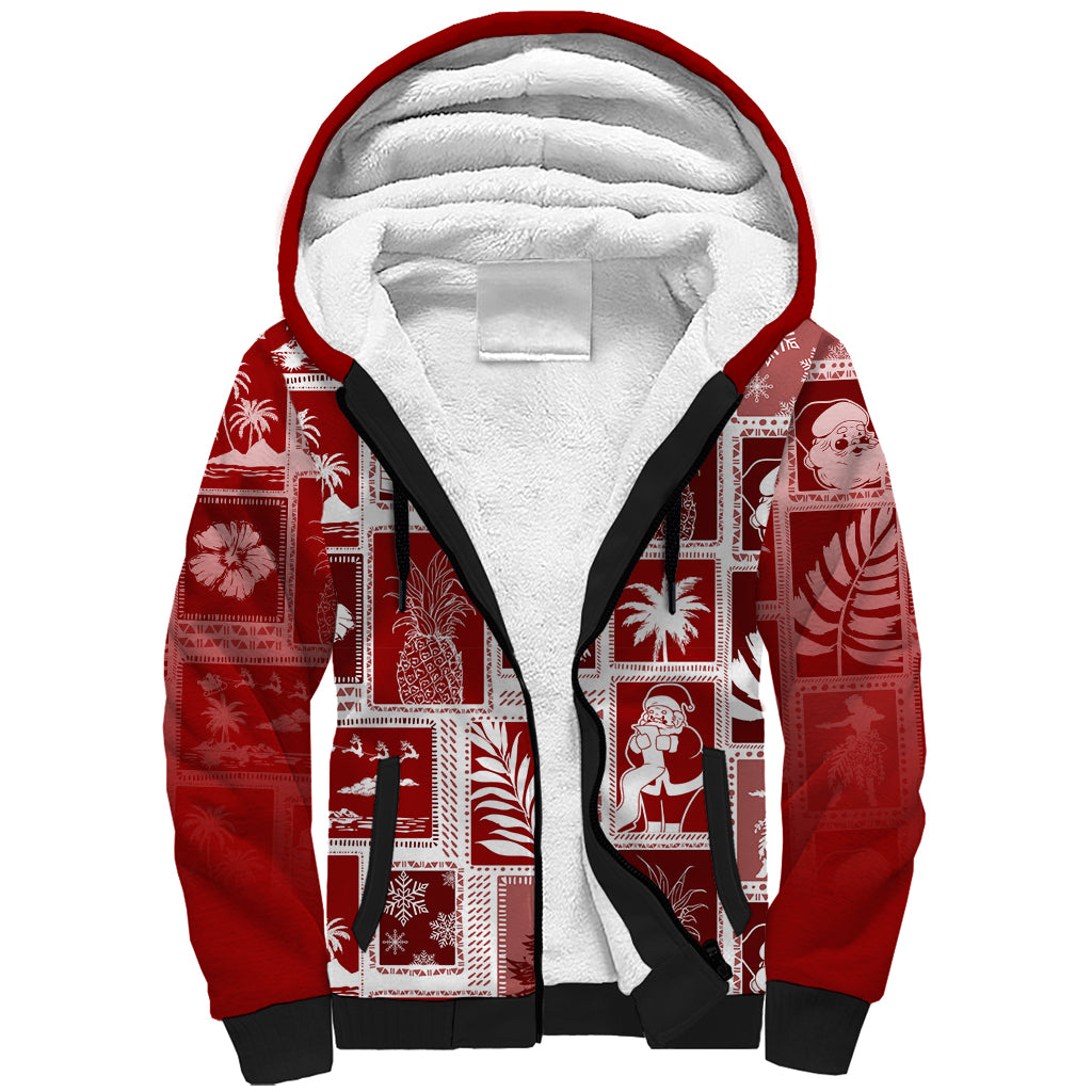 Hawaii Christmas Retro Patchwork Sherpa Hoodie Red - Wonder Print Shop