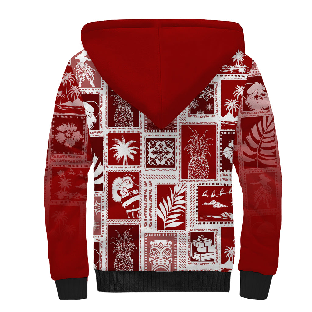 Hawaii Christmas Retro Patchwork Sherpa Hoodie Red - Wonder Print Shop