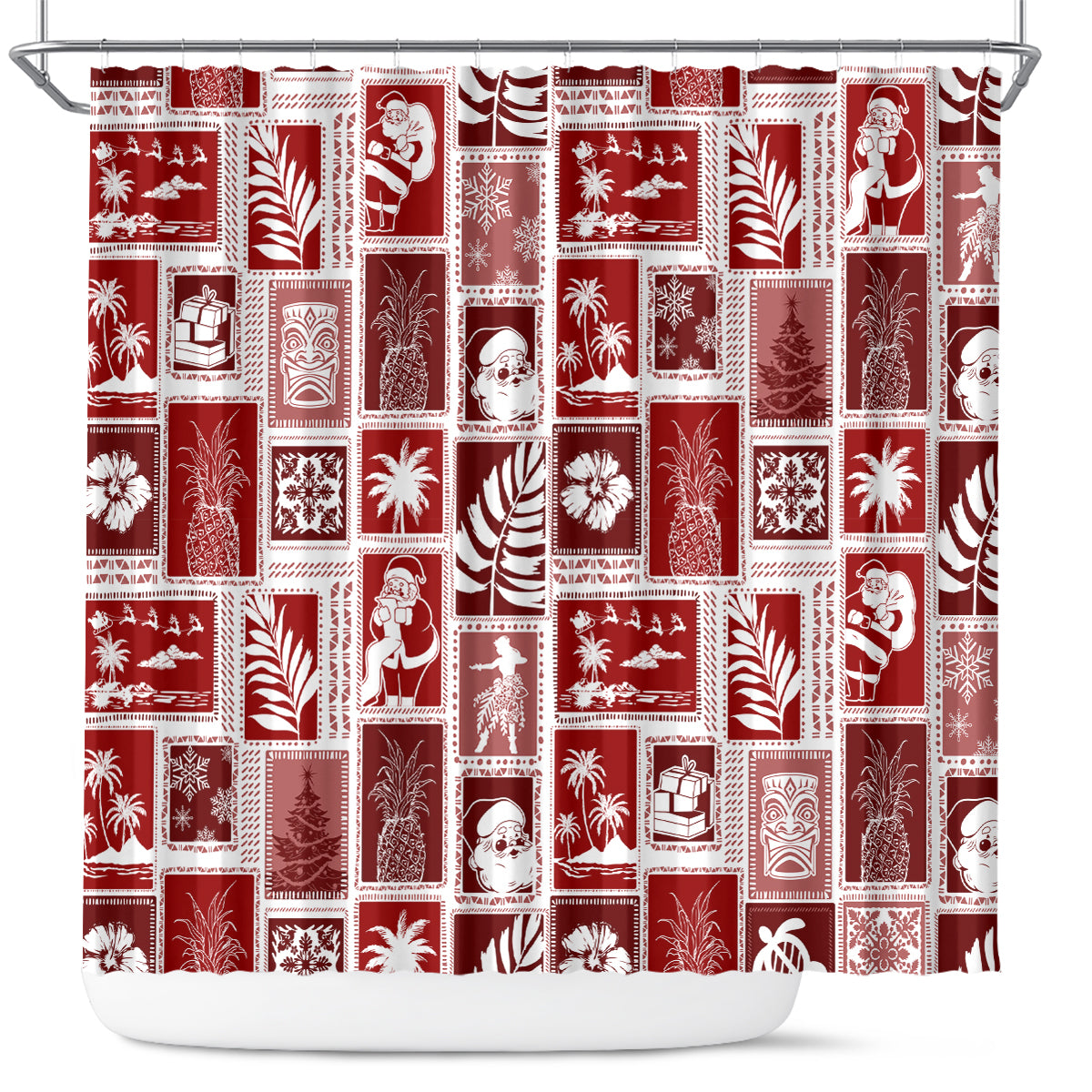 hawaii-christmas-retro-patchwork-shower-curtain-red