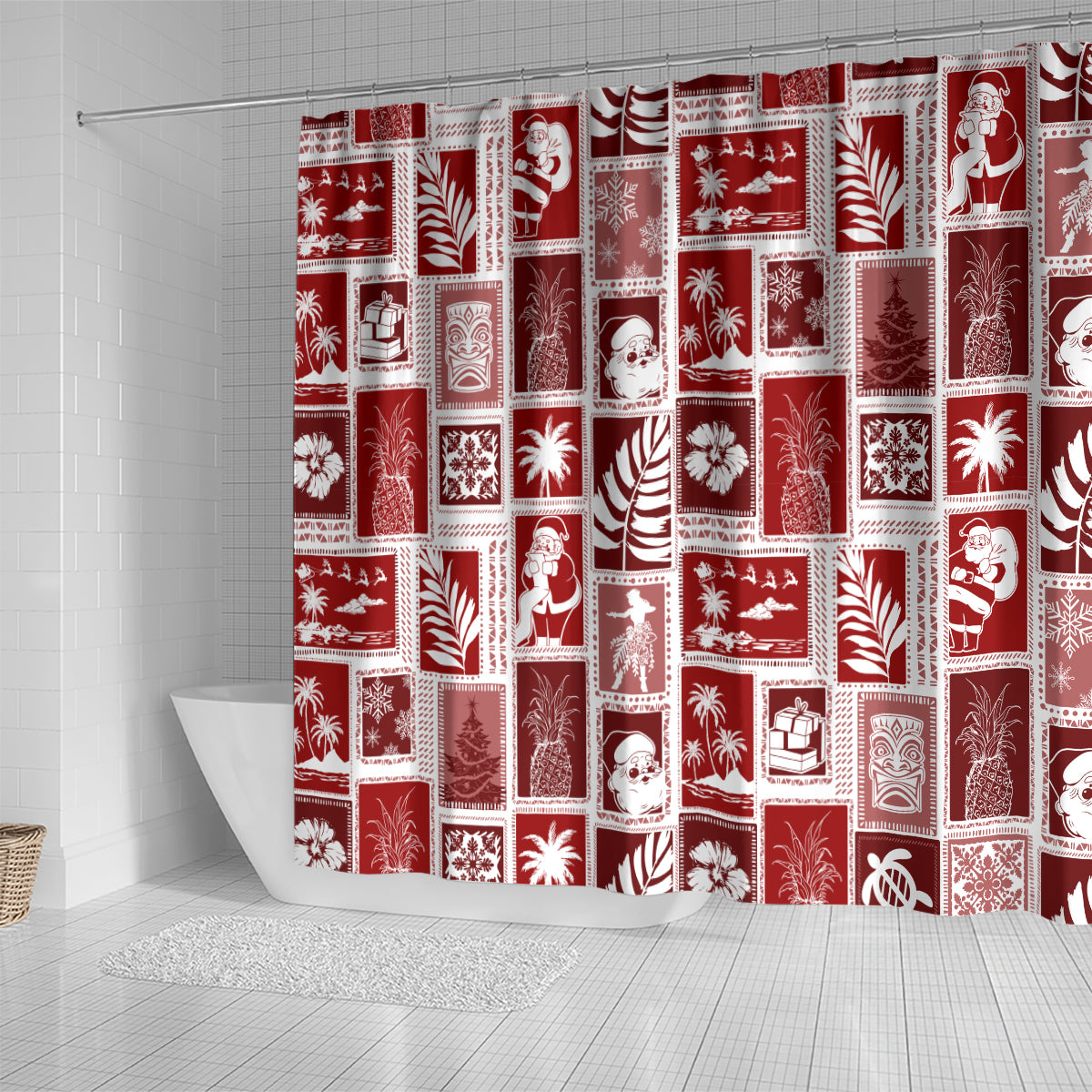 hawaii-christmas-retro-patchwork-shower-curtain-red