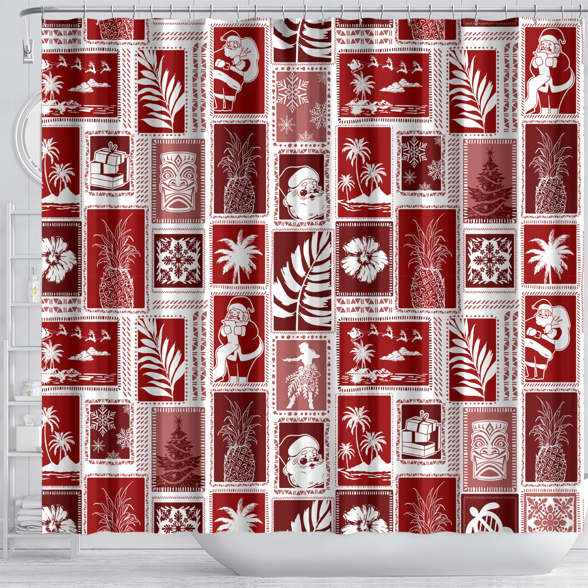 hawaii-christmas-retro-patchwork-shower-curtain-red