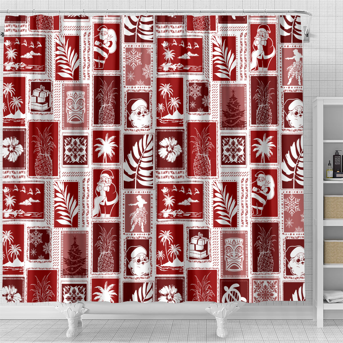 hawaii-christmas-retro-patchwork-shower-curtain-red