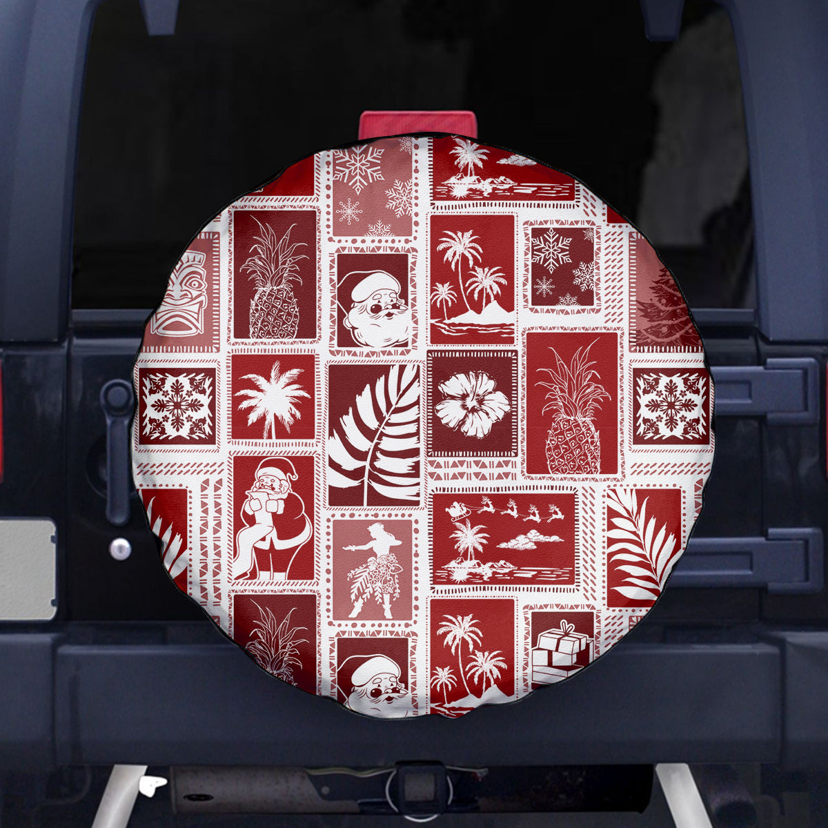 Hawaii Christmas Retro Patchwork Spare Tire Cover Red - Wonder Print Shop