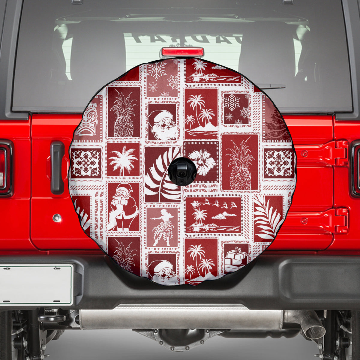 Hawaii Christmas Retro Patchwork Spare Tire Cover Red - Wonder Print Shop