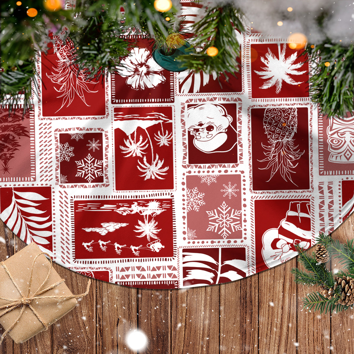 Hawaii Christmas Tree Skirt Retro Patchwork - Red - Wonder Print Shop