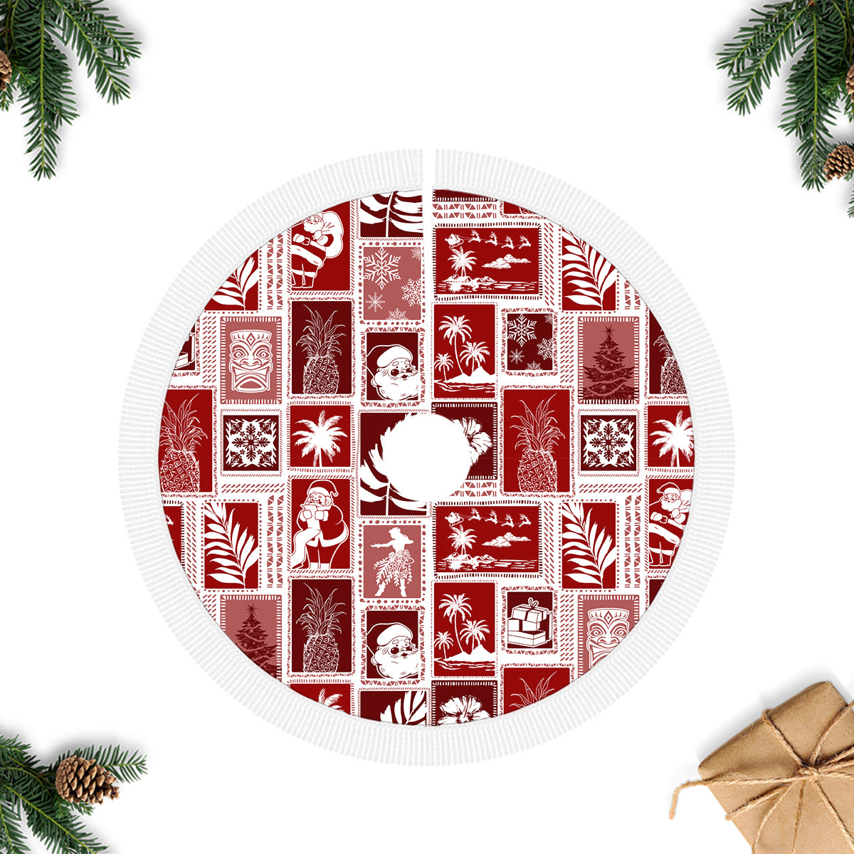 Hawaii Christmas Tree Skirt Retro Patchwork - Red - Wonder Print Shop