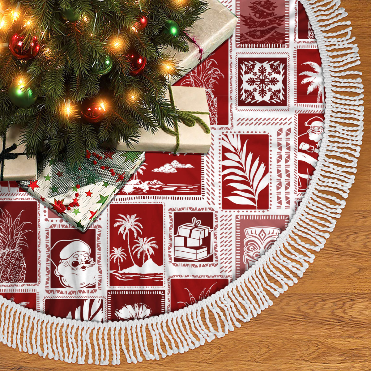 Hawaii Christmas Tree Skirt Retro Patchwork - Red - Wonder Print Shop