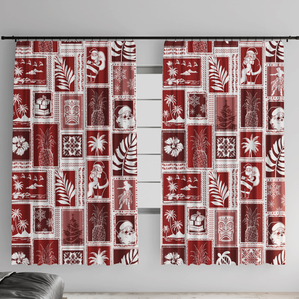 Hawaii Christmas Retro Patchwork Window Curtain Red - Wonder Print Shop