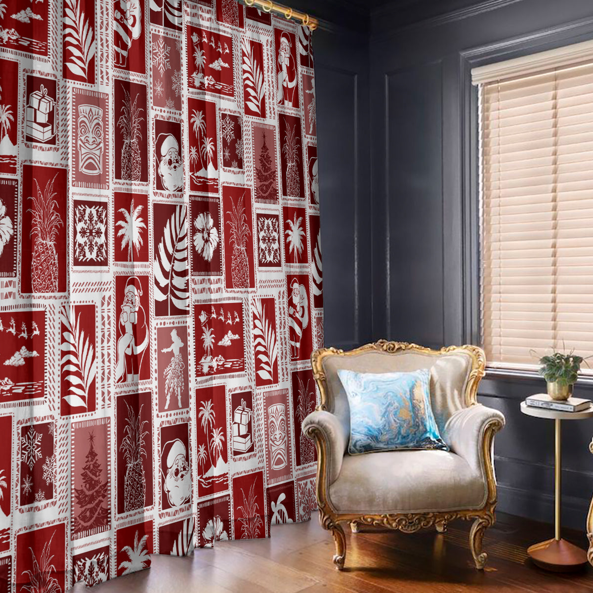 Hawaii Christmas Retro Patchwork Window Curtain Red - Wonder Print Shop