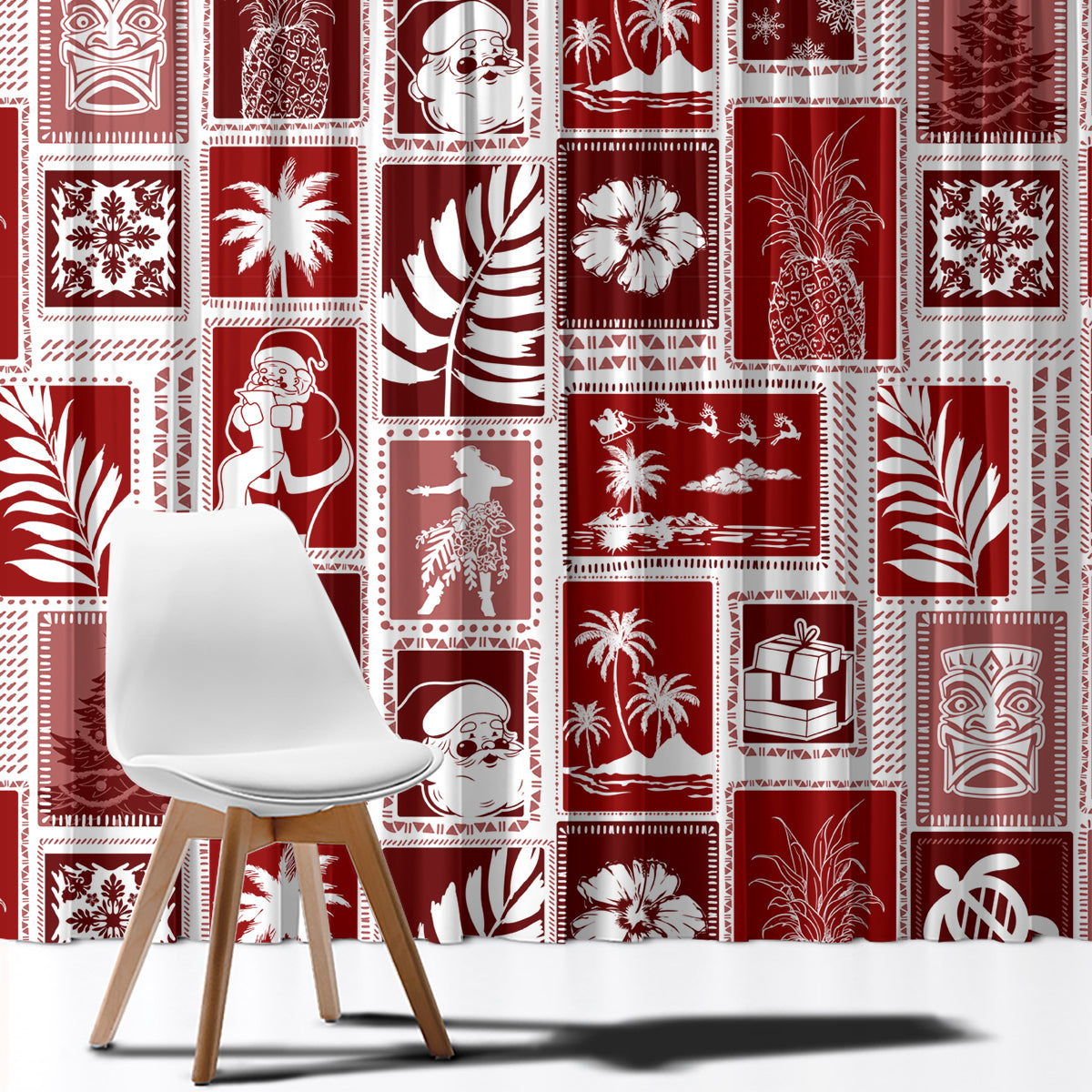 Hawaii Christmas Retro Patchwork Window Curtain Red - Wonder Print Shop