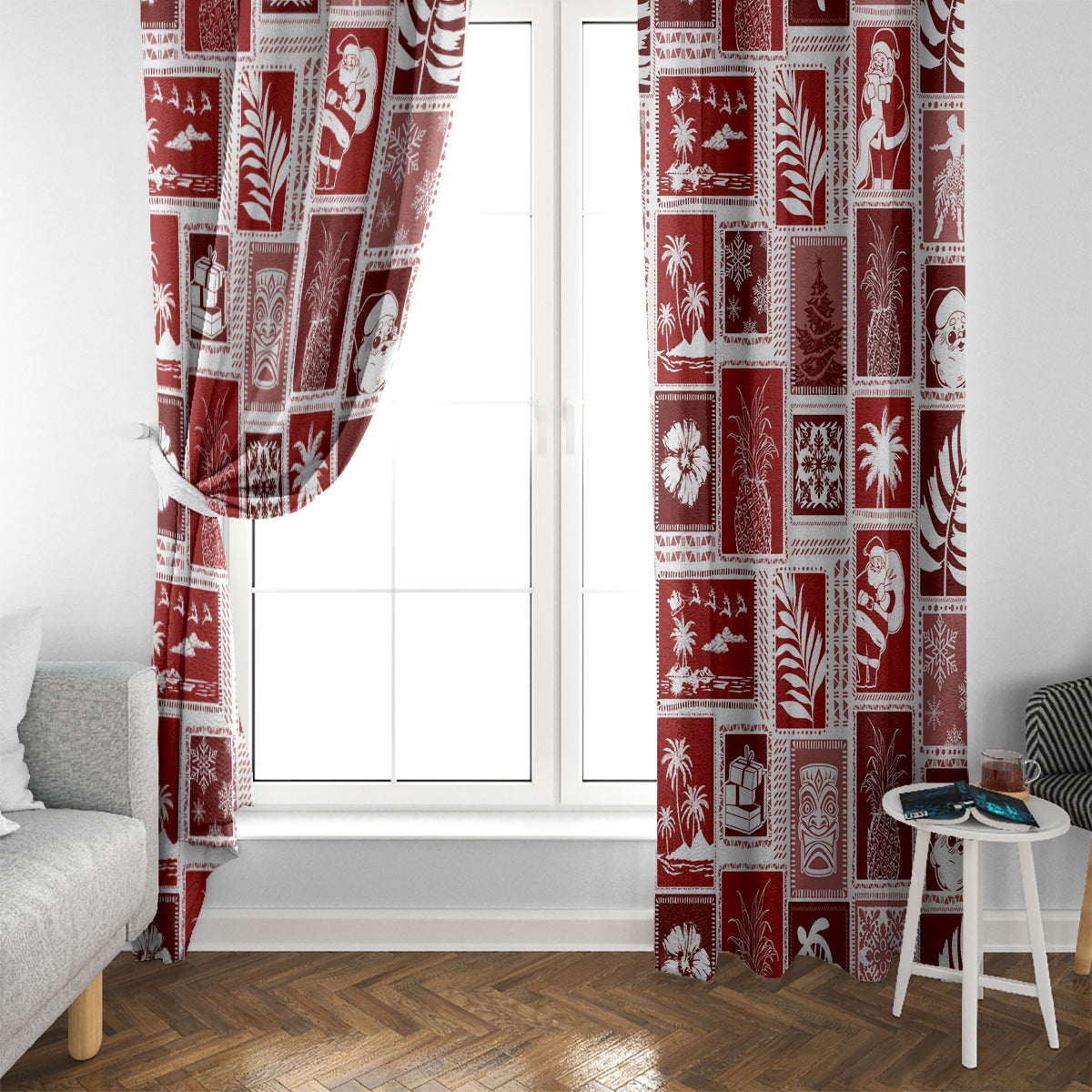 Hawaii Christmas Retro Patchwork Window Curtain Red - Wonder Print Shop