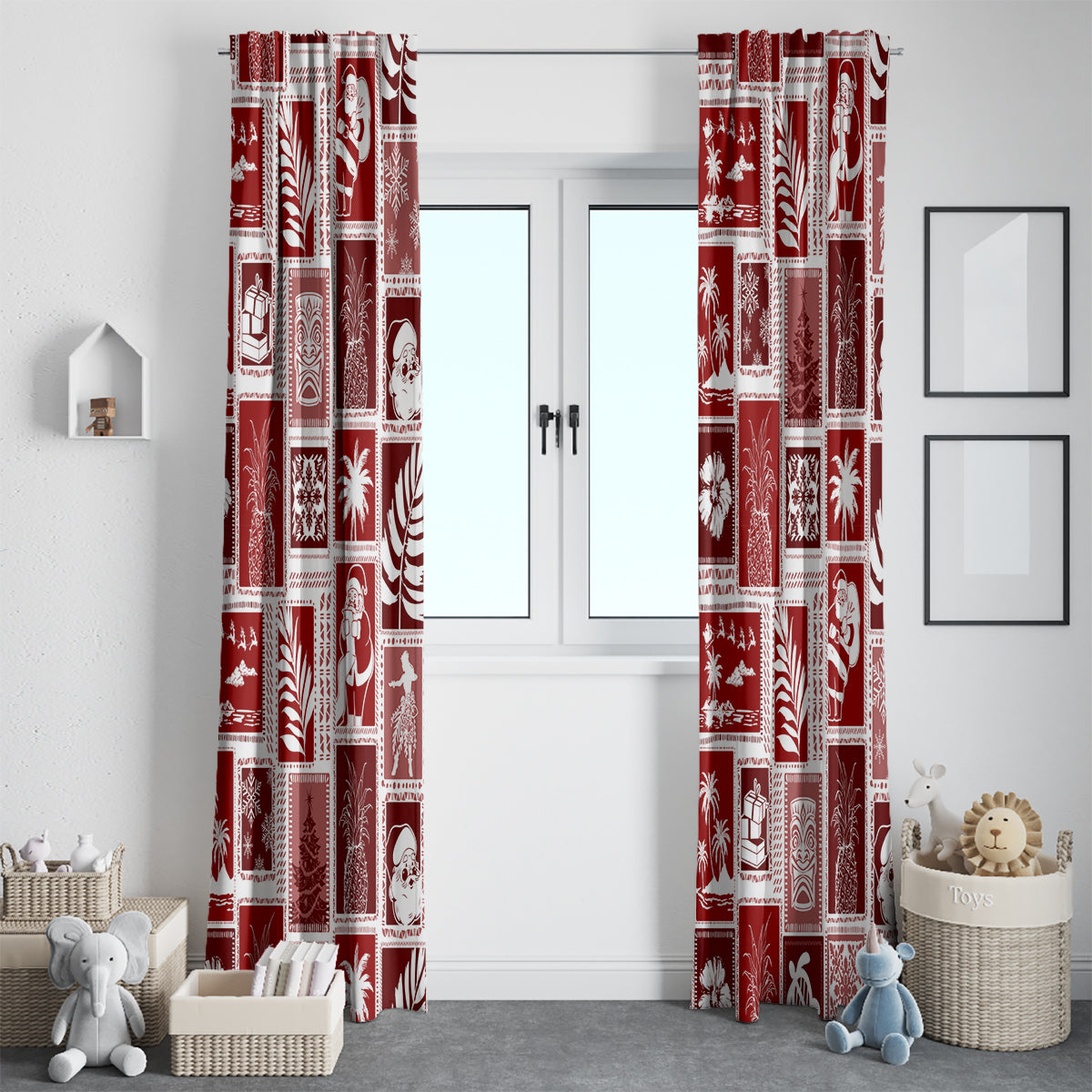 Hawaii Christmas Retro Patchwork Window Curtain Red - Wonder Print Shop