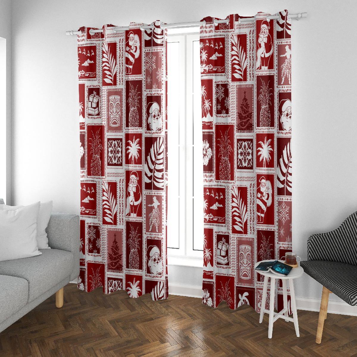 Hawaii Christmas Retro Patchwork Window Curtain Red - Wonder Print Shop