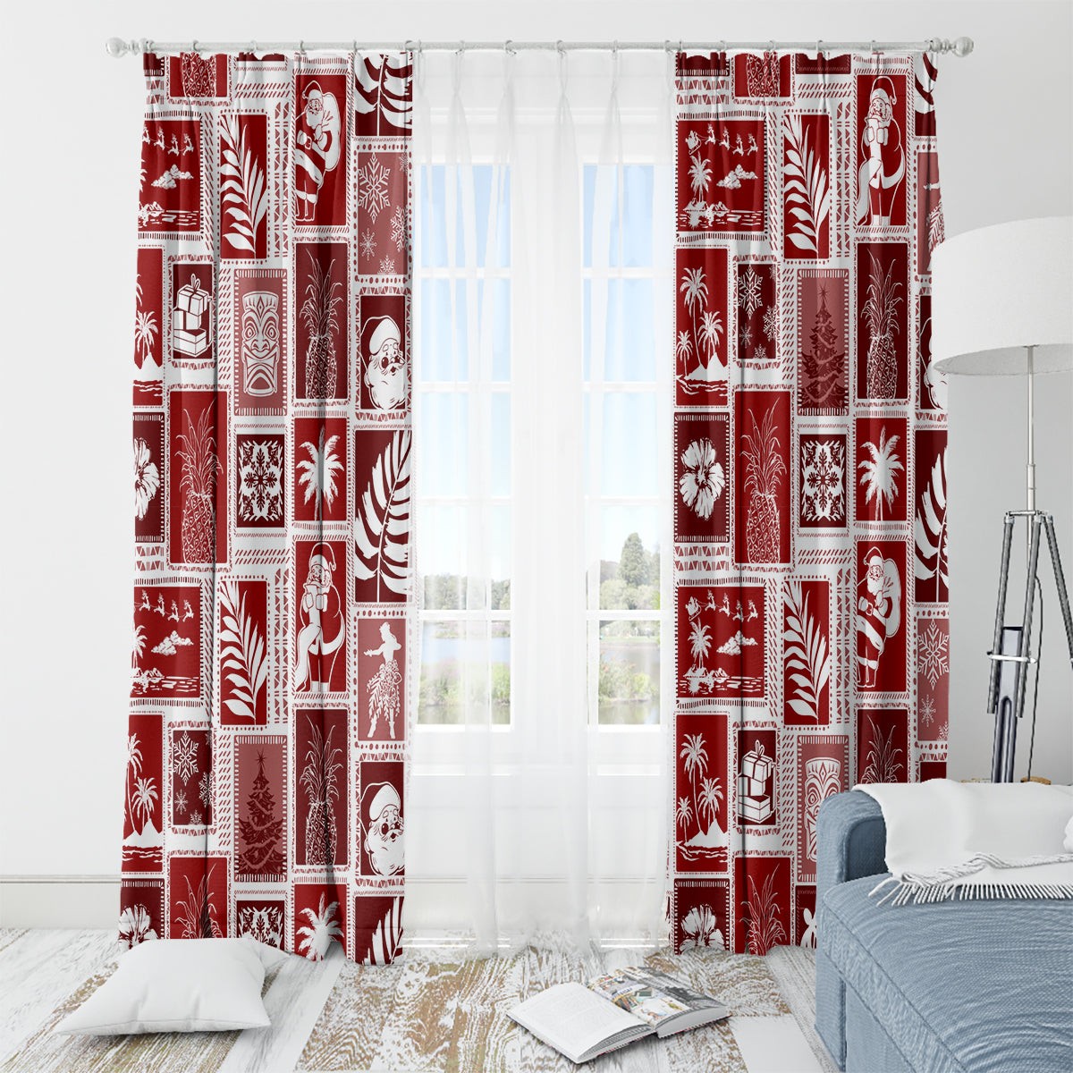 Hawaii Christmas Retro Patchwork Window Curtain Red - Wonder Print Shop