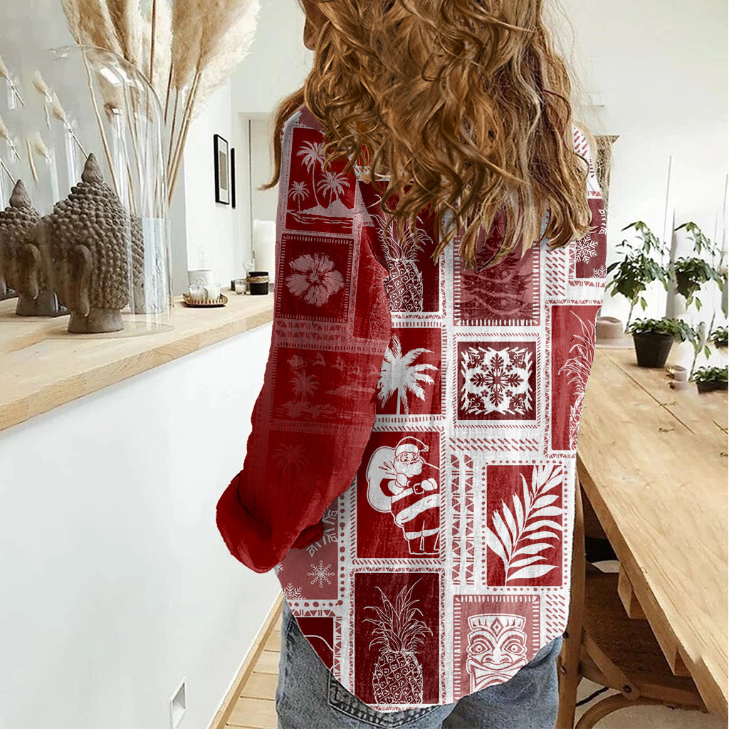 Hawaii Christmas Retro Patchwork Women Casual Shirt Red - Wonder Print Shop