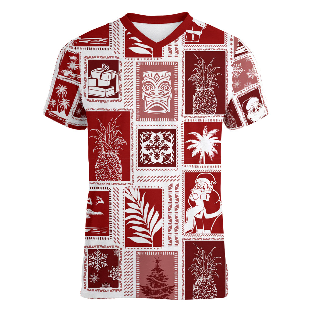 Hawaii Christmas Retro Patchwork Women V Neck T Shirt Red - Wonder Print Shop