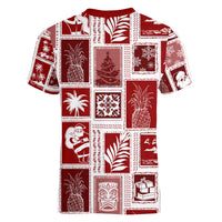 Hawaii Christmas Retro Patchwork Women V Neck T Shirt Red - Wonder Print Shop