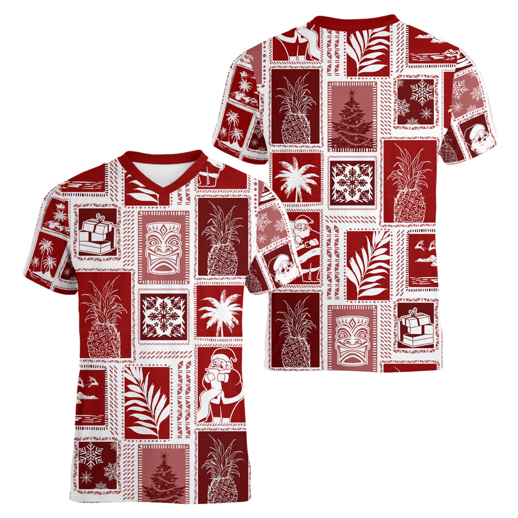 Hawaii Christmas Retro Patchwork Women V Neck T Shirt Red - Wonder Print Shop