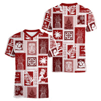Hawaii Christmas Retro Patchwork Women V Neck T Shirt Red - Wonder Print Shop