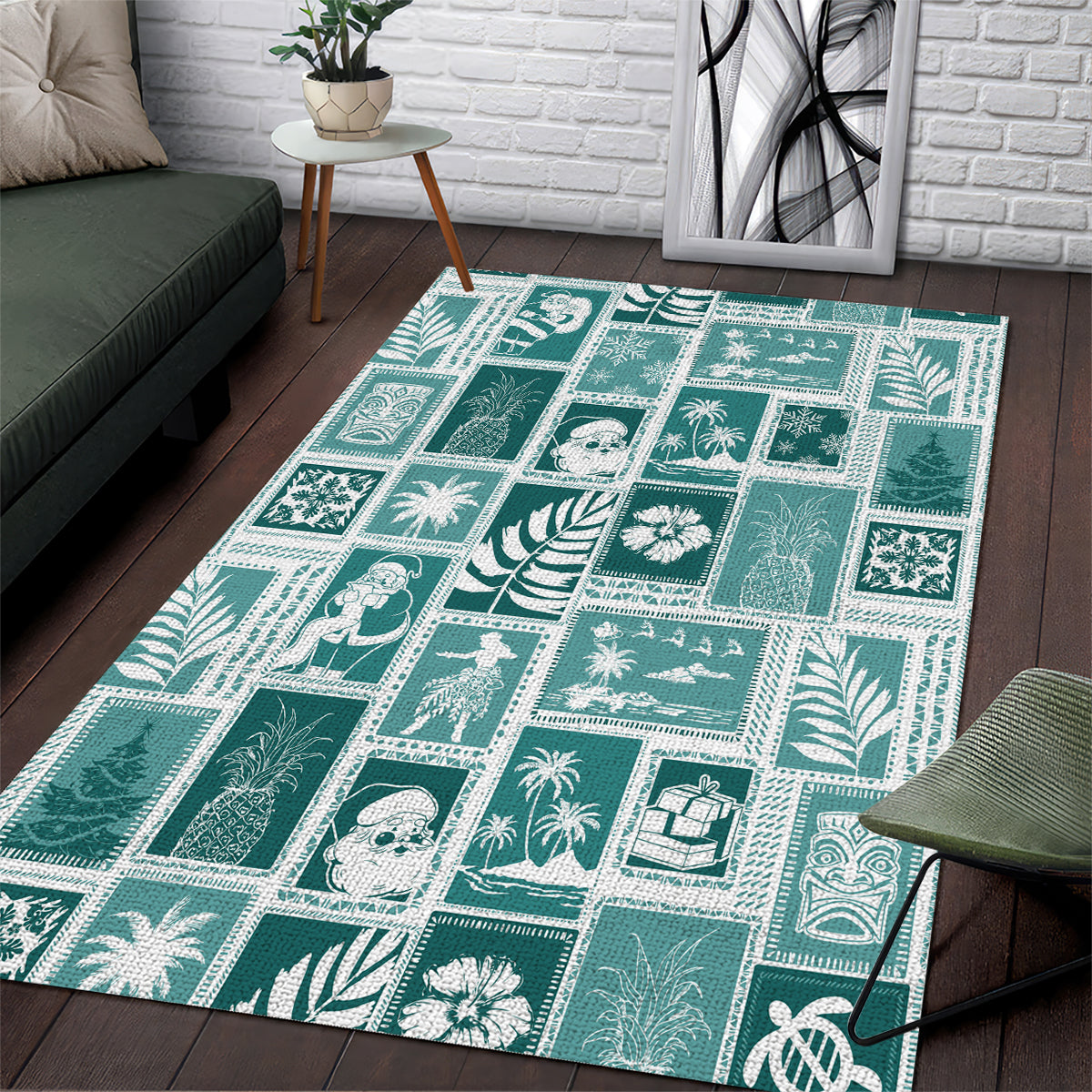 Hawaii Christmas Retro Patchwork Area Rug Teal LT7 - Wonder Print Shop