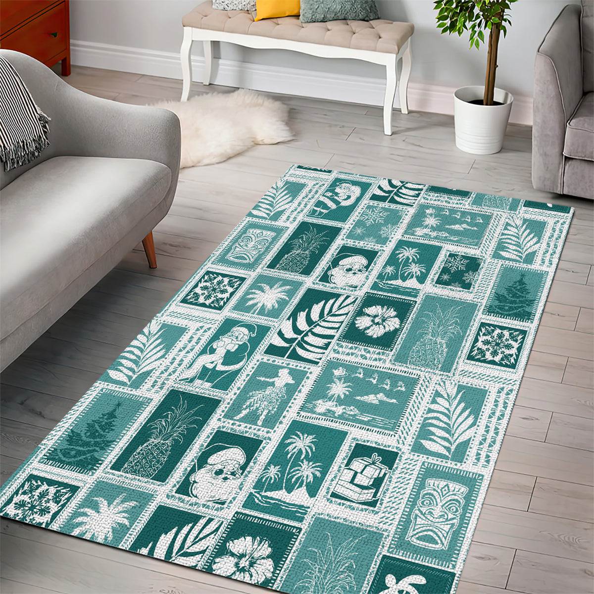 Hawaii Christmas Retro Patchwork Area Rug Teal LT7 - Wonder Print Shop