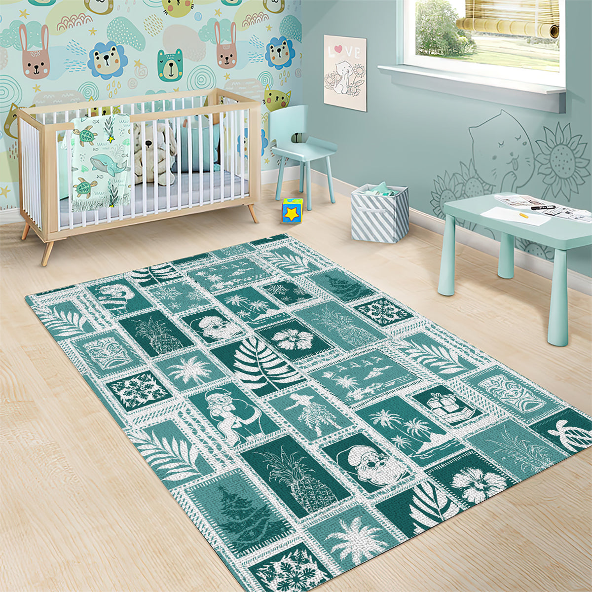 Hawaii Christmas Retro Patchwork Area Rug Teal LT7 - Wonder Print Shop