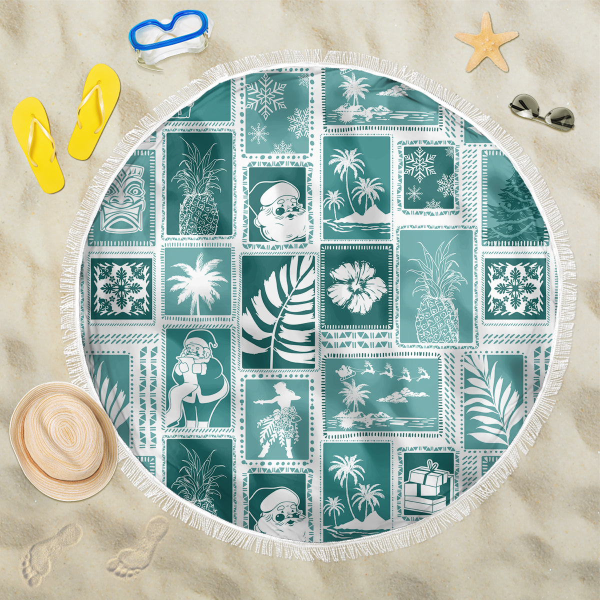 Hawaii Christmas Retro Patchwork Beach Blanket Teal LT7 - Wonder Print Shop