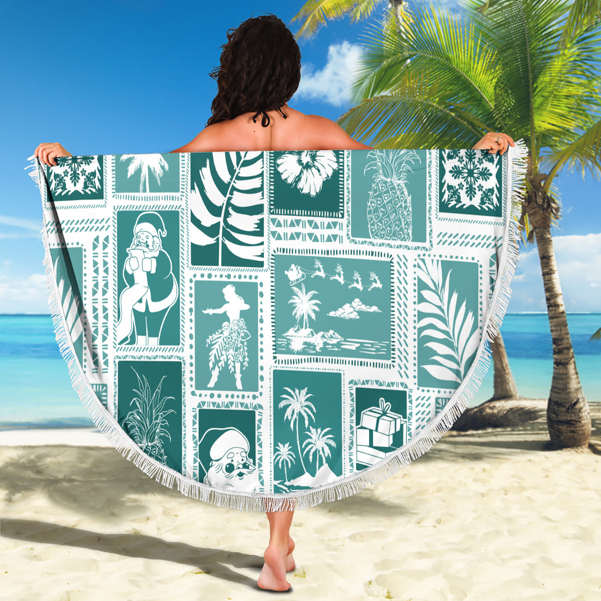 Hawaii Christmas Retro Patchwork Beach Blanket Teal LT7 - Wonder Print Shop