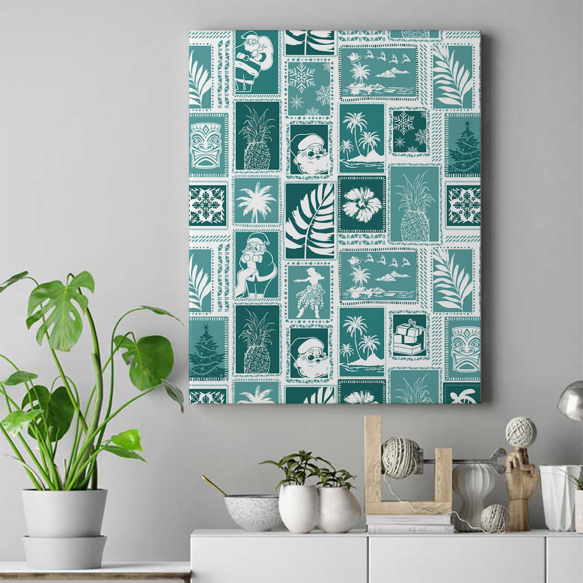 Hawaii Christmas Retro Patchwork Canvas Wall Art Teal LT7 - Wonder Print Shop