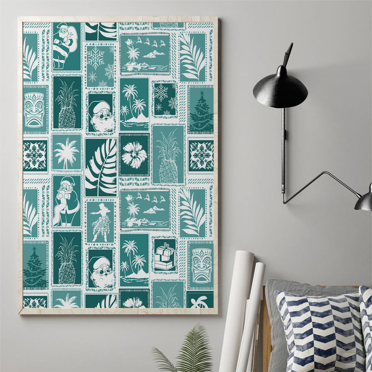 Hawaii Christmas Retro Patchwork Canvas Wall Art Teal LT7 - Wonder Print Shop
