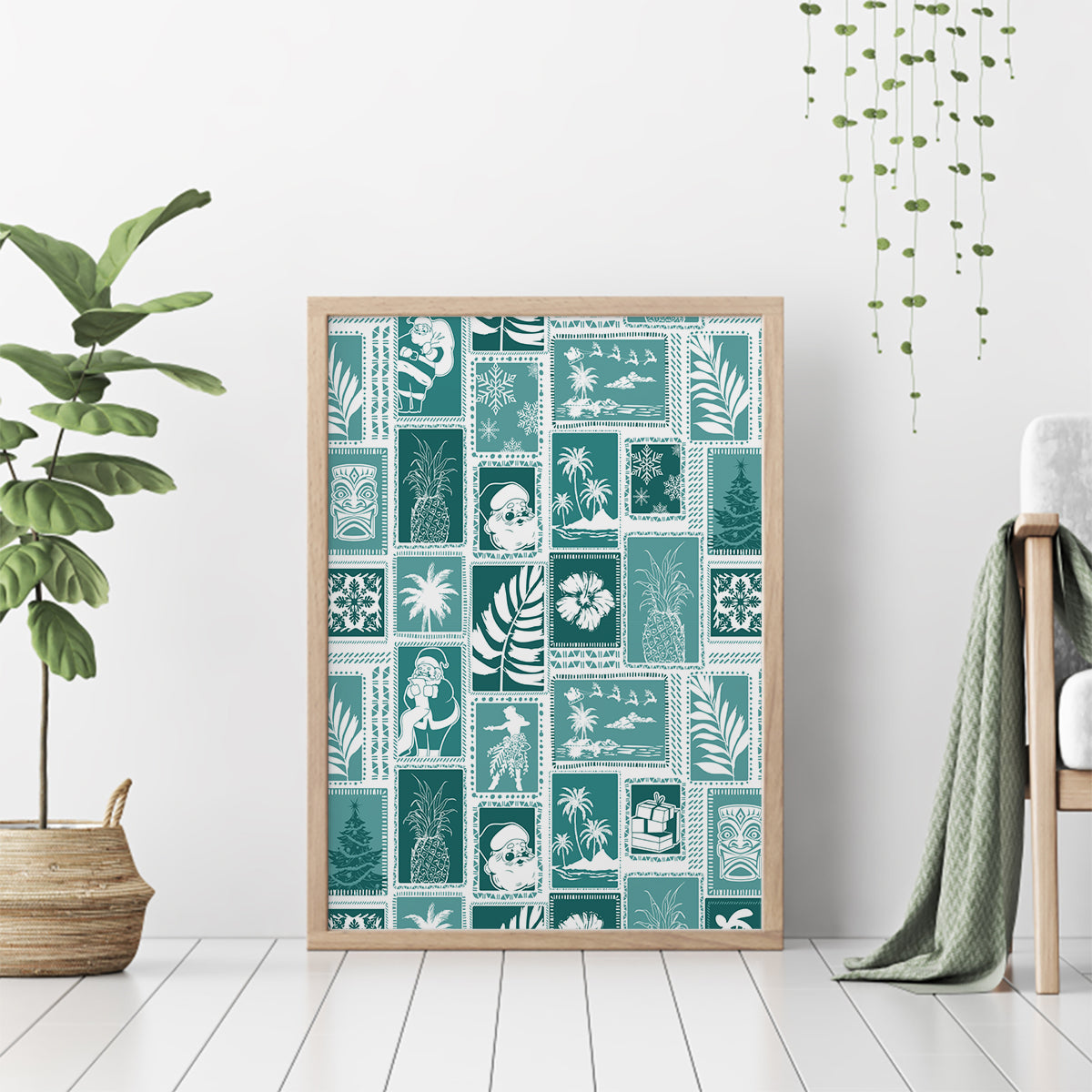 Hawaii Christmas Retro Patchwork Canvas Wall Art Teal LT7 - Wonder Print Shop