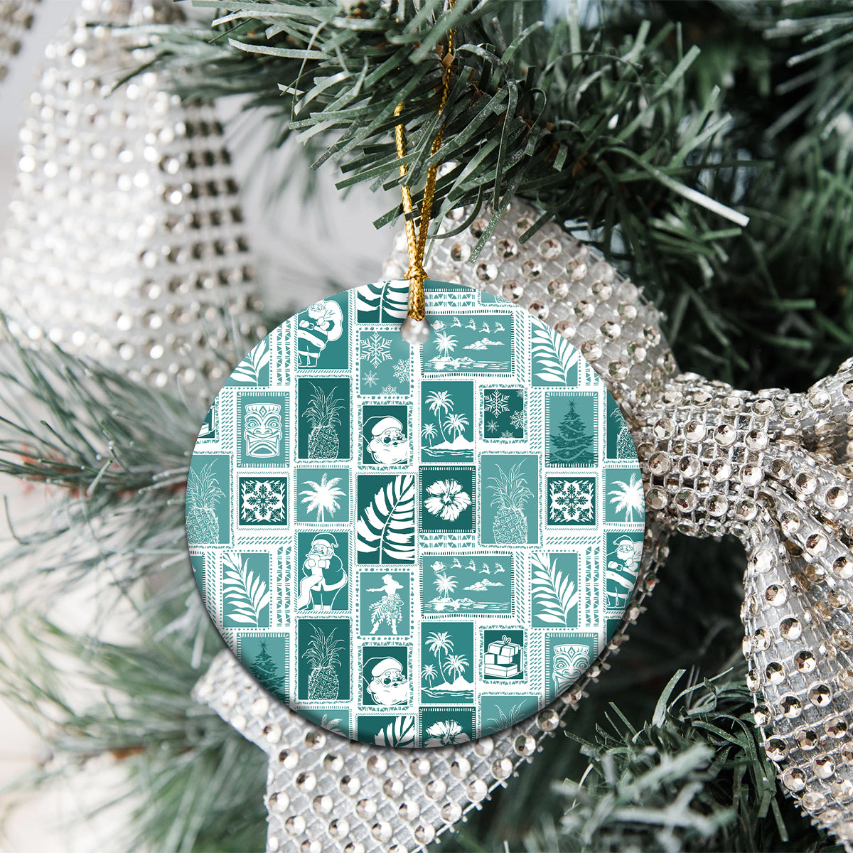 Hawaii Christmas Ceramic Ornament Retro Patchwork - Teal LT7 - Wonder Print Shop