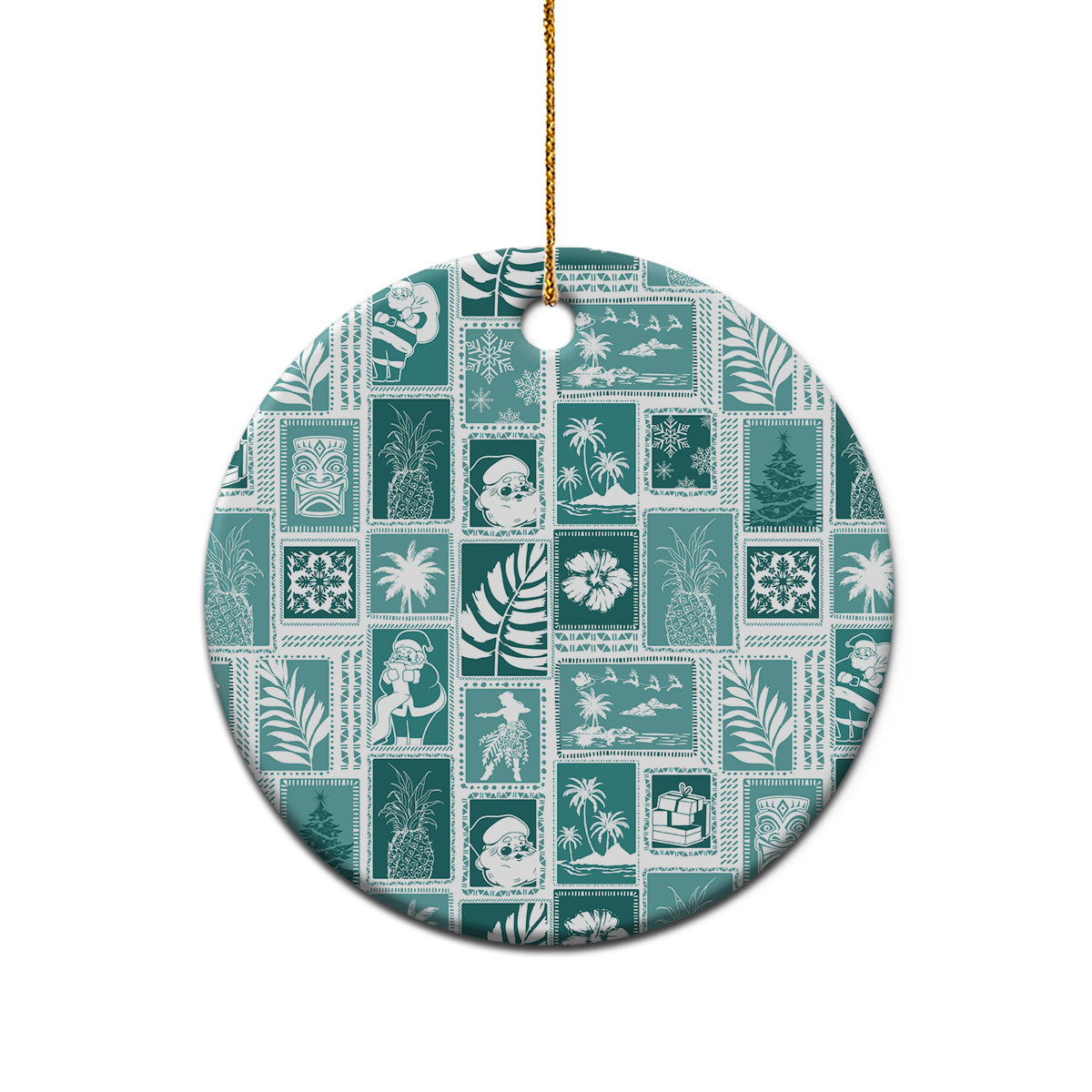 Hawaii Christmas Ceramic Ornament Retro Patchwork - Teal LT7 - Wonder Print Shop