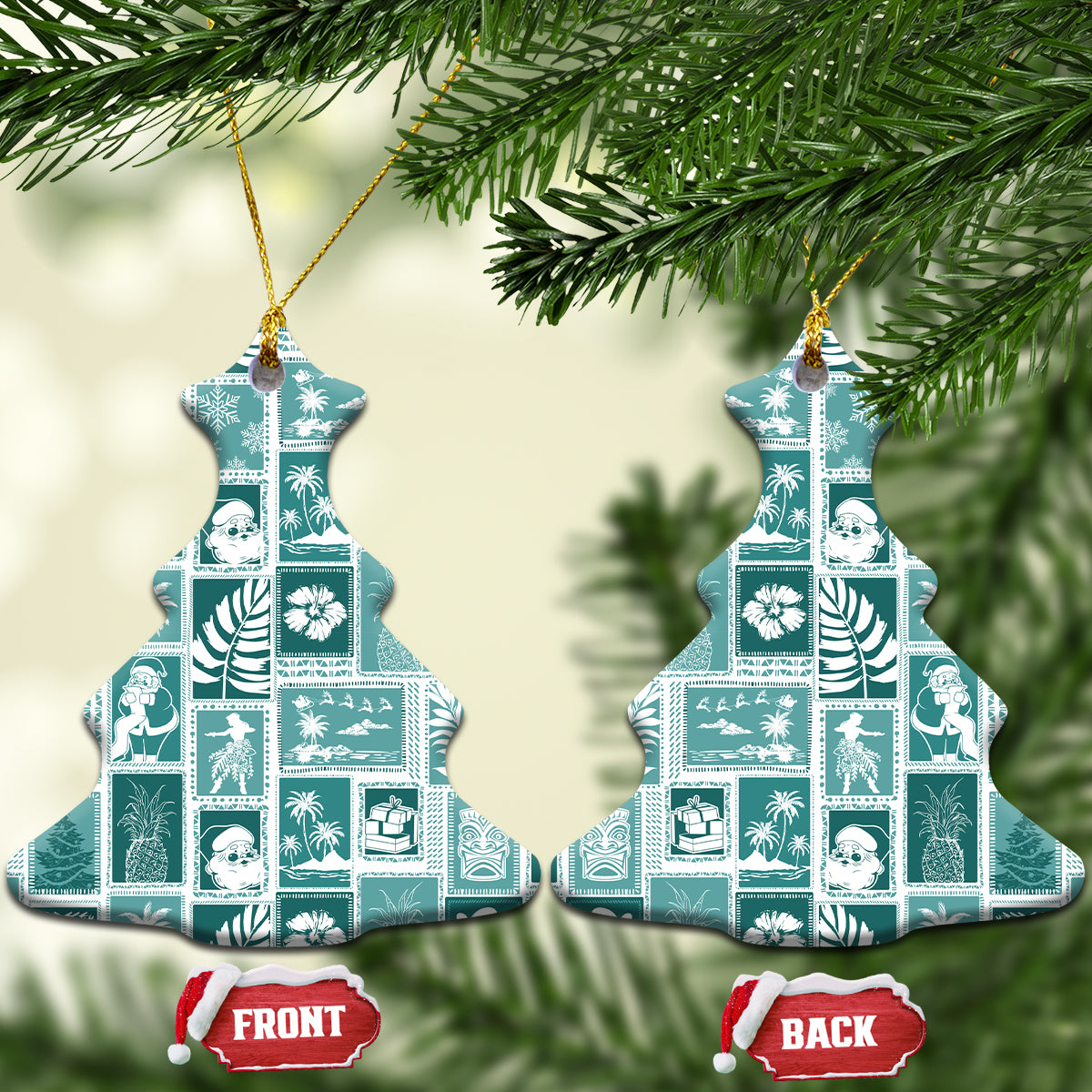 Hawaii Christmas Ceramic Ornament Retro Patchwork - Teal LT7 - Wonder Print Shop