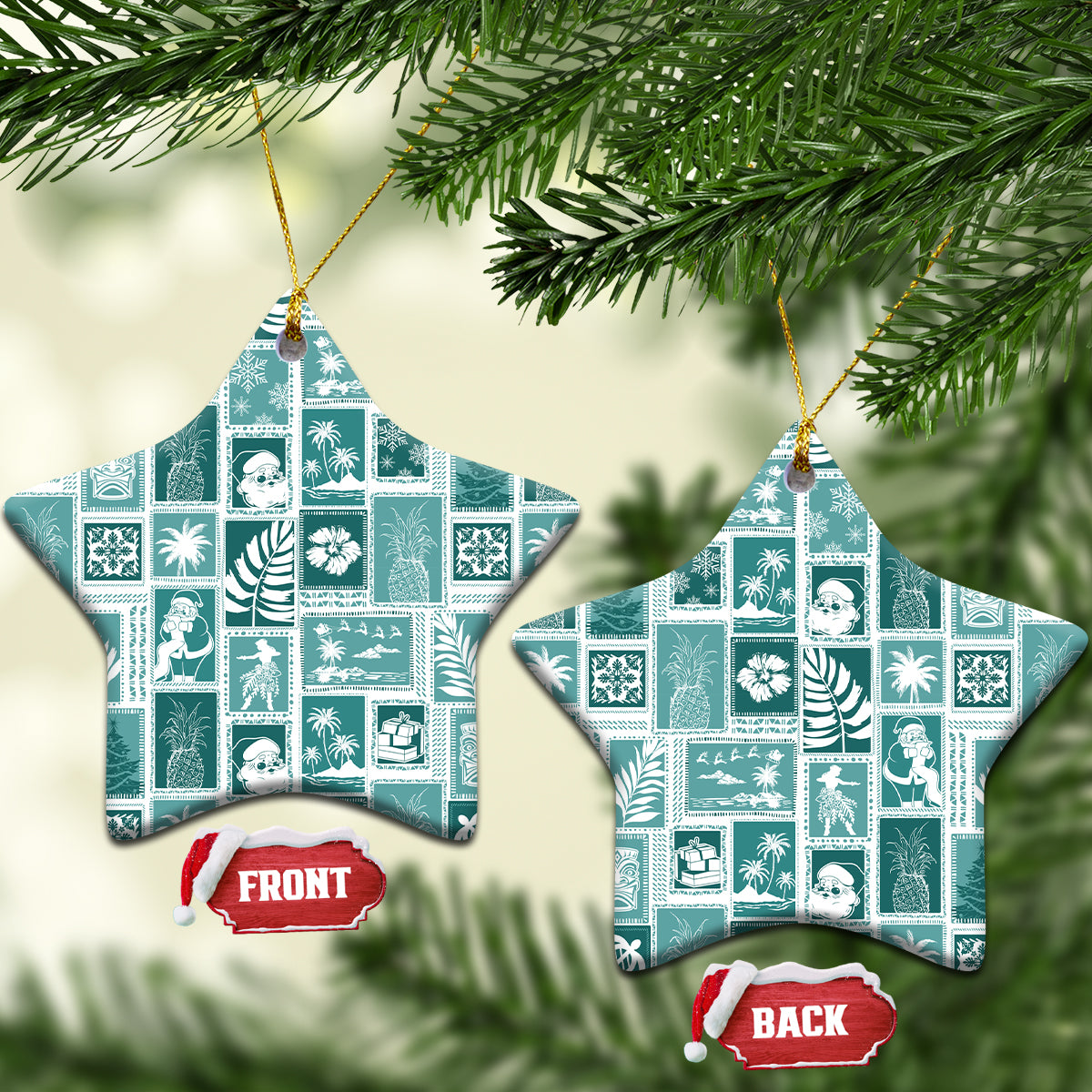 Hawaii Christmas Ceramic Ornament Retro Patchwork - Teal LT7 - Wonder Print Shop