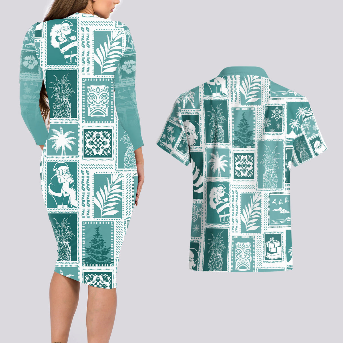 Hawaii Christmas Retro Patchwork Couples Matching Long Sleeve Bodycon Dress and Hawaiian Shirt Teal LT7 - Wonder Print Shop