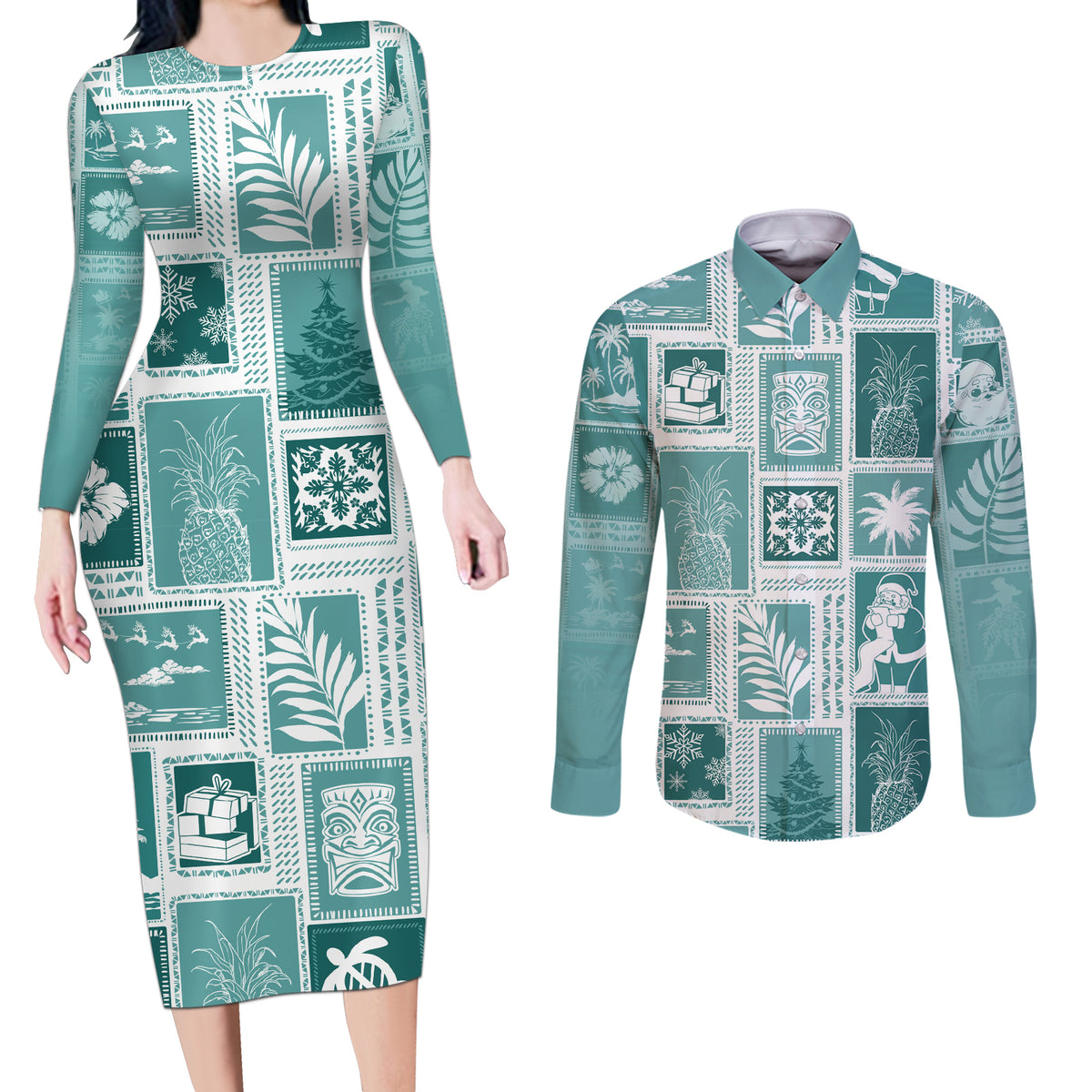 Hawaii Christmas Retro Patchwork Couples Matching Long Sleeve Bodycon Dress and Long Sleeve Button Shirt Teal LT7 - Wonder Print Shop
