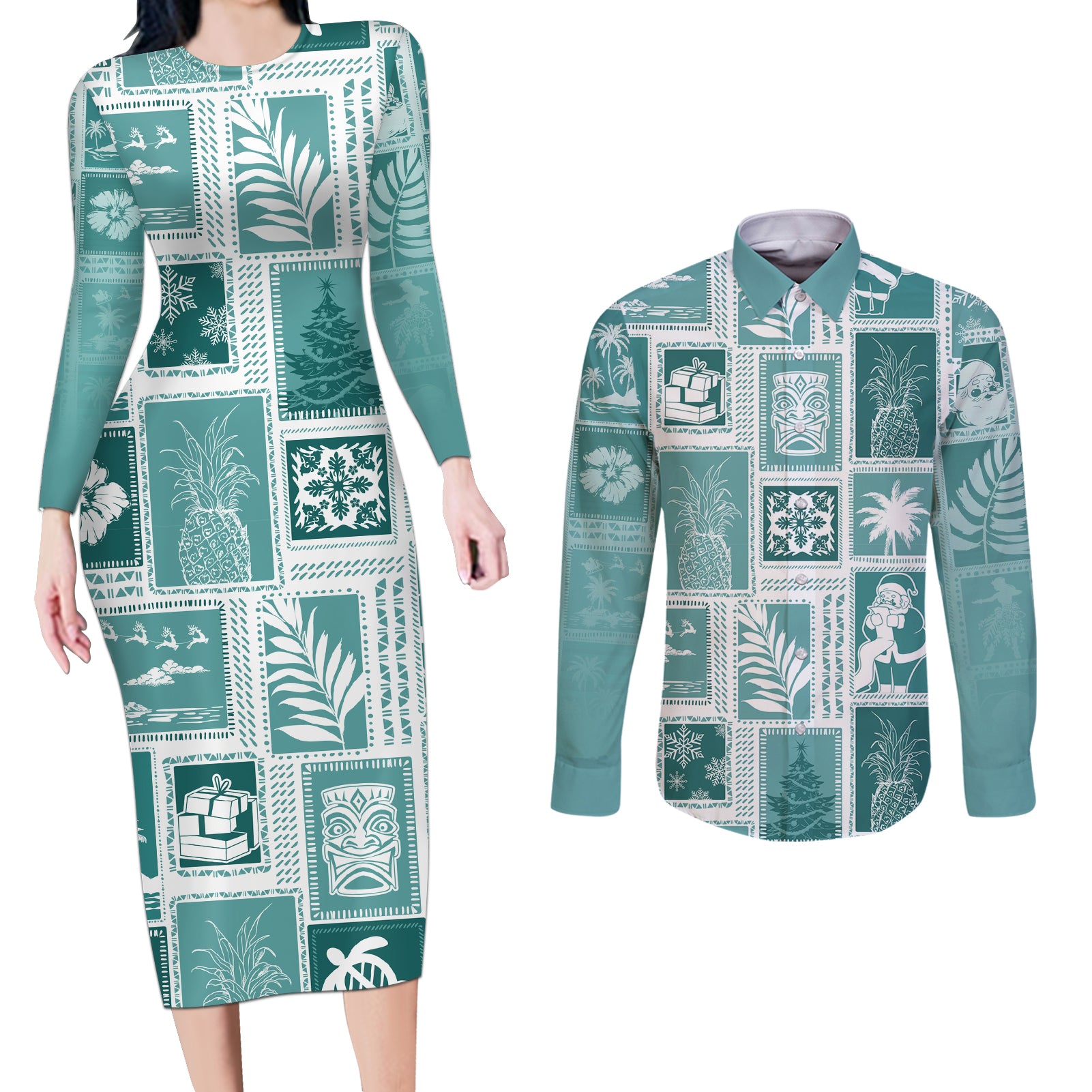Hawaii Christmas Retro Patchwork Couples Matching Long Sleeve Bodycon Dress and Long Sleeve Button Shirt Teal LT7 - Wonder Print Shop