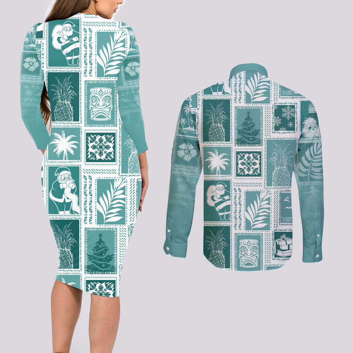 Hawaii Christmas Retro Patchwork Couples Matching Long Sleeve Bodycon Dress and Long Sleeve Button Shirt Teal LT7 - Wonder Print Shop
