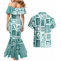 Hawaii Christmas Retro Patchwork Couples Matching Mermaid Dress and Hawaiian Shirt Teal LT7 - Wonder Print Shop