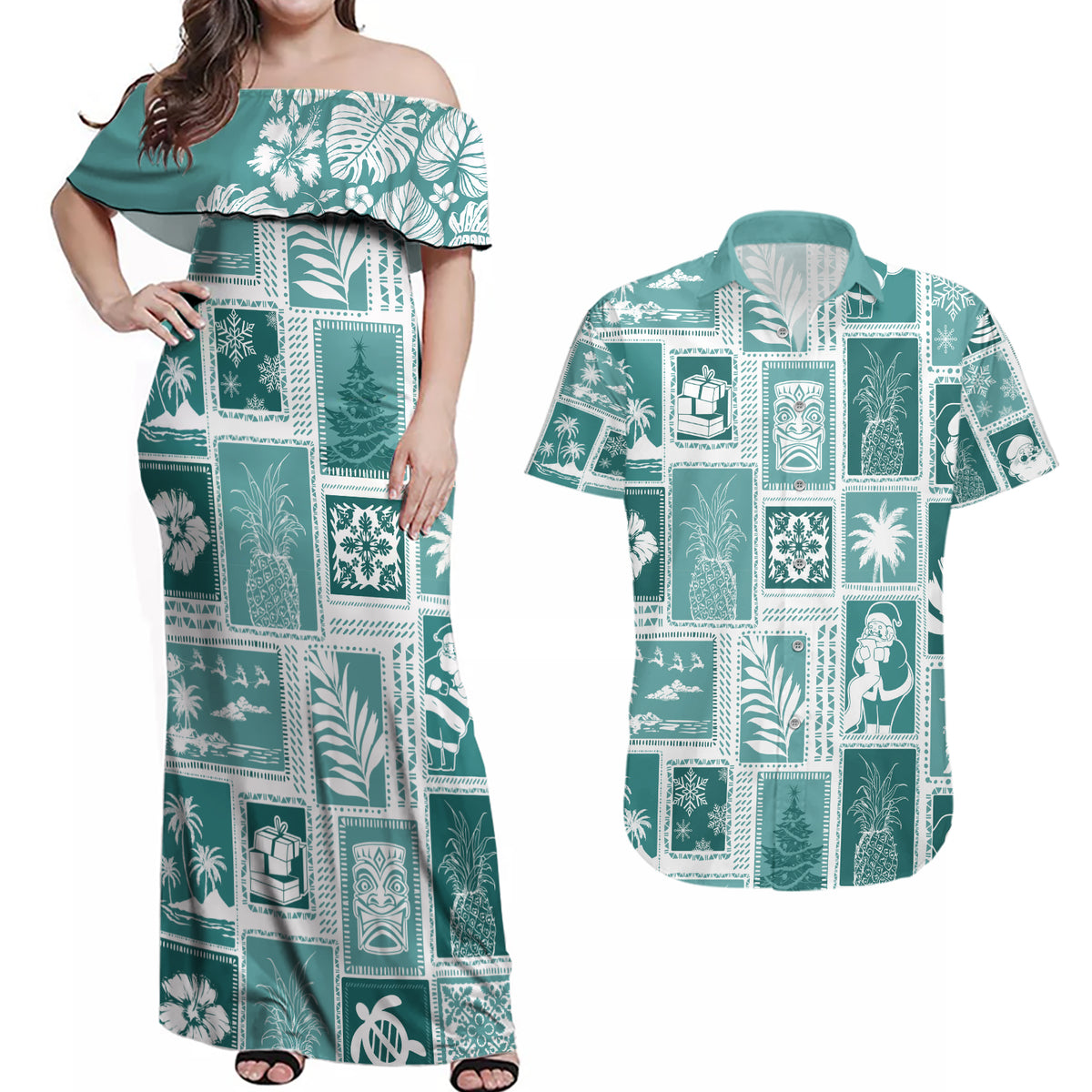 Hawaii Christmas Retro Patchwork Couples Matching Off Shoulder Maxi Dress and Hawaiian Shirt Teal LT7 - Wonder Print Shop