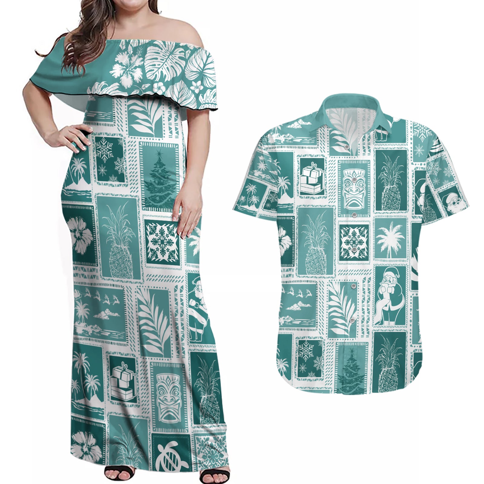 Hawaii Christmas Retro Patchwork Couples Matching Off Shoulder Maxi Dress and Hawaiian Shirt Teal LT7 - Wonder Print Shop
