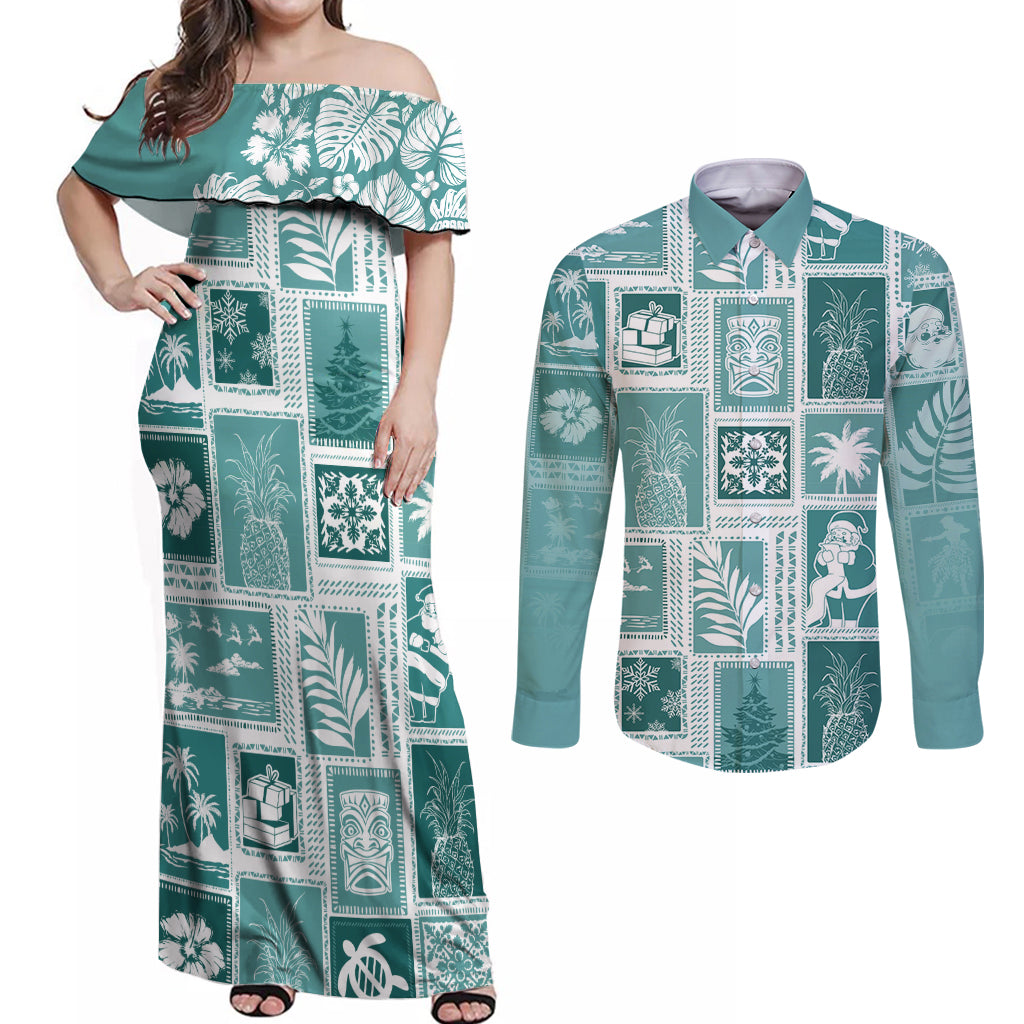 Hawaii Christmas Retro Patchwork Couples Matching Off Shoulder Maxi Dress and Long Sleeve Button Shirt Teal LT7 - Wonder Print Shop