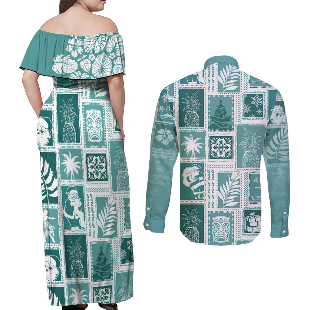 Hawaii Christmas Retro Patchwork Couples Matching Off Shoulder Maxi Dress and Long Sleeve Button Shirt Teal LT7 - Wonder Print Shop