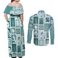 Hawaii Christmas Retro Patchwork Couples Matching Off Shoulder Maxi Dress and Long Sleeve Button Shirt Teal LT7 - Wonder Print Shop