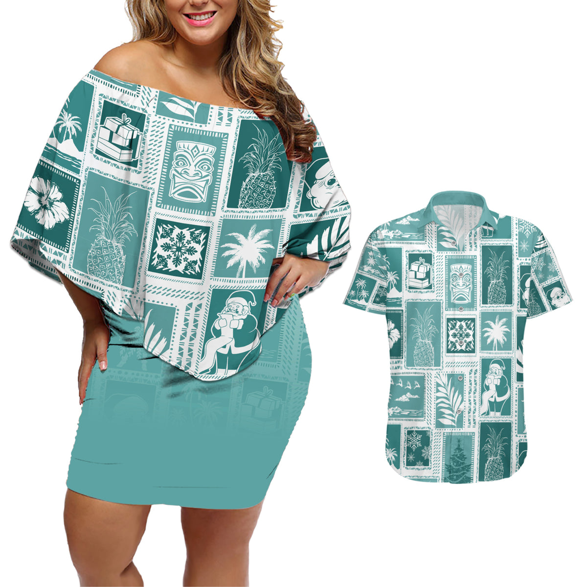 Hawaii Christmas Retro Patchwork Couples Matching Off Shoulder Short Dress and Hawaiian Shirt Teal LT7 - Wonder Print Shop