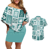 Hawaii Christmas Retro Patchwork Couples Matching Off Shoulder Short Dress and Hawaiian Shirt Teal LT7 - Wonder Print Shop